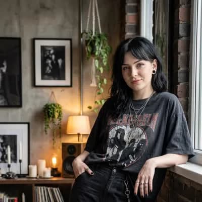 Ivy, a creator in a band tee beside her record shelf