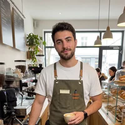 Marco, a barista creator in an apron
