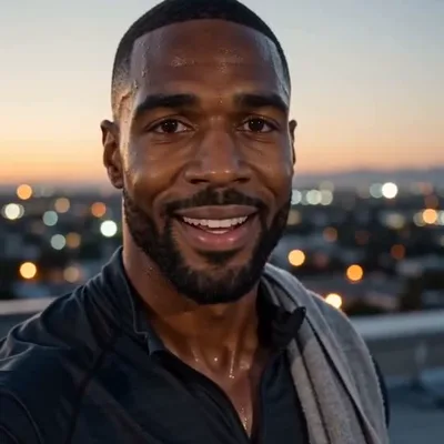 Miles, a fitness creator on a rooftop at sunset