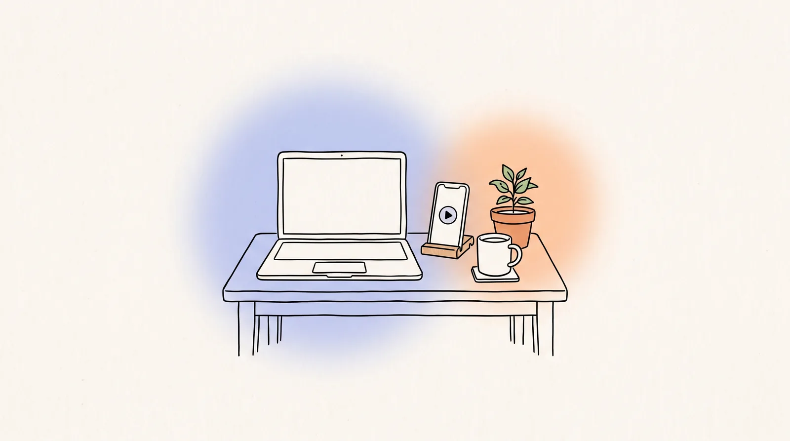 Line drawing of a small desk with a laptop, a phone on a stand, a coffee mug and a plant.