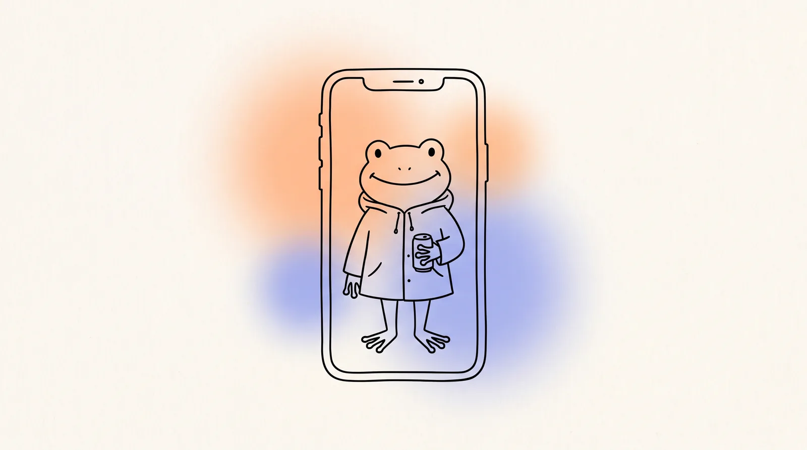 Line drawing of a cartoon frog mascot in a raincoat holding a drink can inside a phone screen.