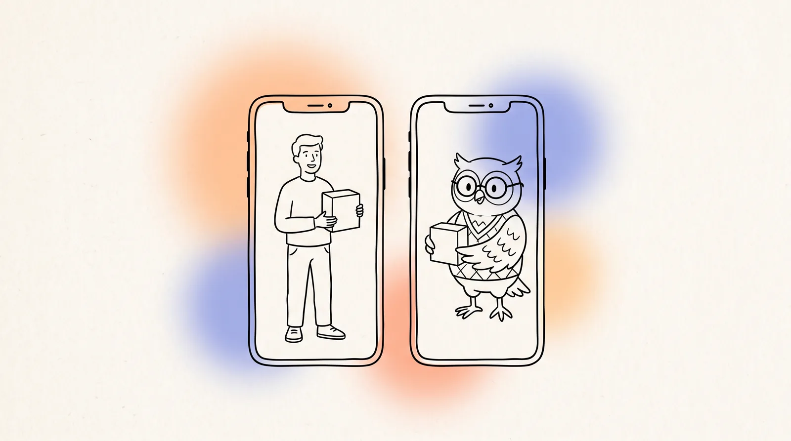Two phones side by side: a human presenter and an owl mascot holding the same product box.