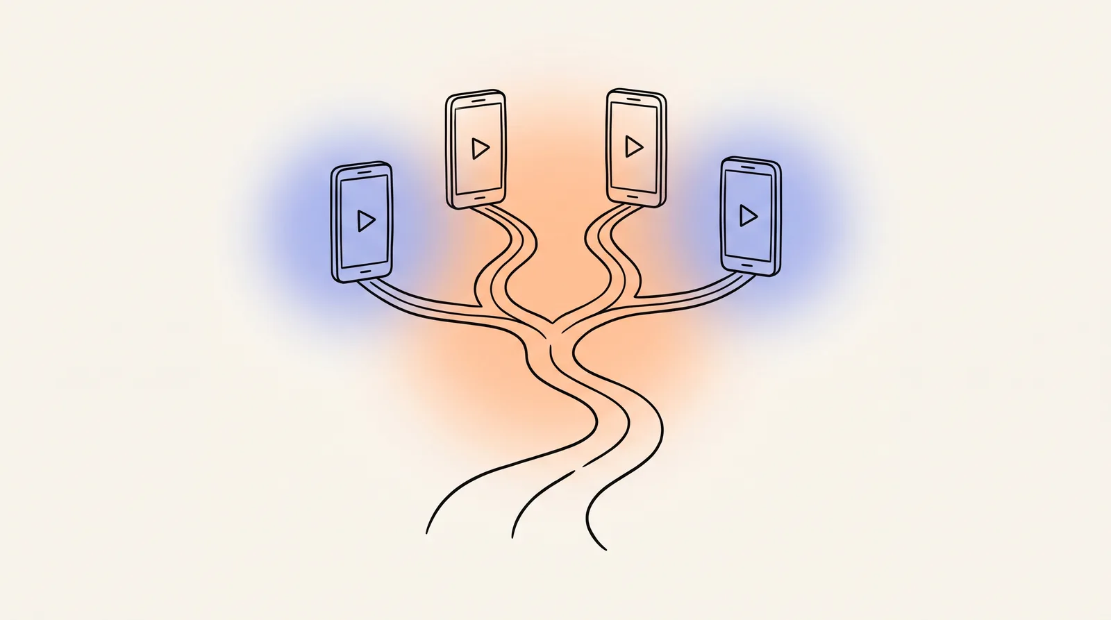 Line drawing of a road splitting into four paths, each ending at a phone with a play button.