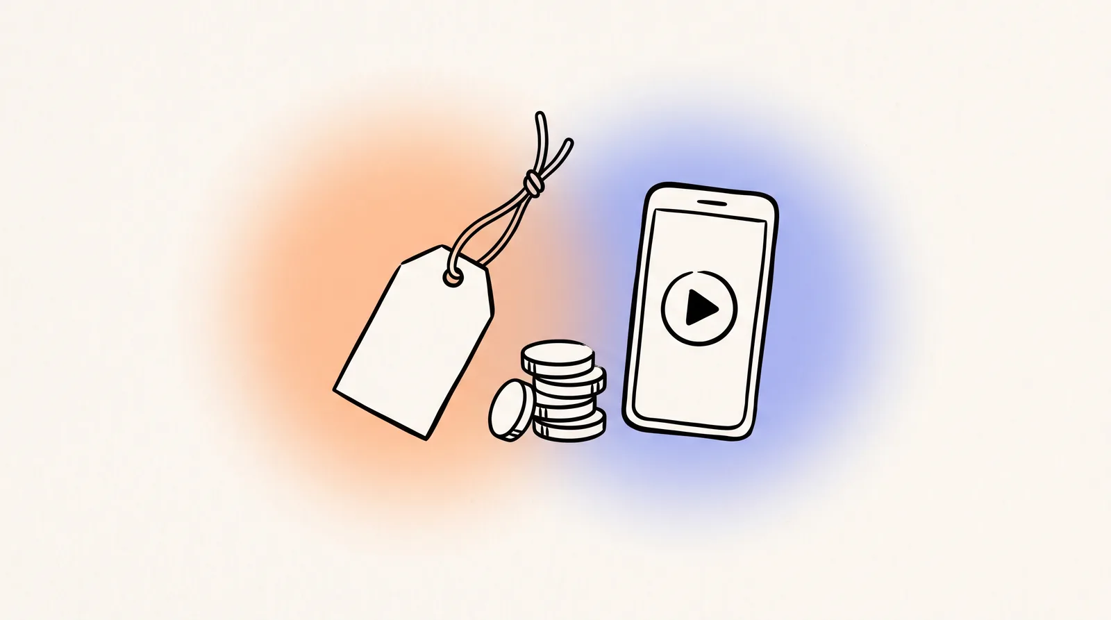 Line drawing of a price tag, a stack of coins and a phone playing a video.