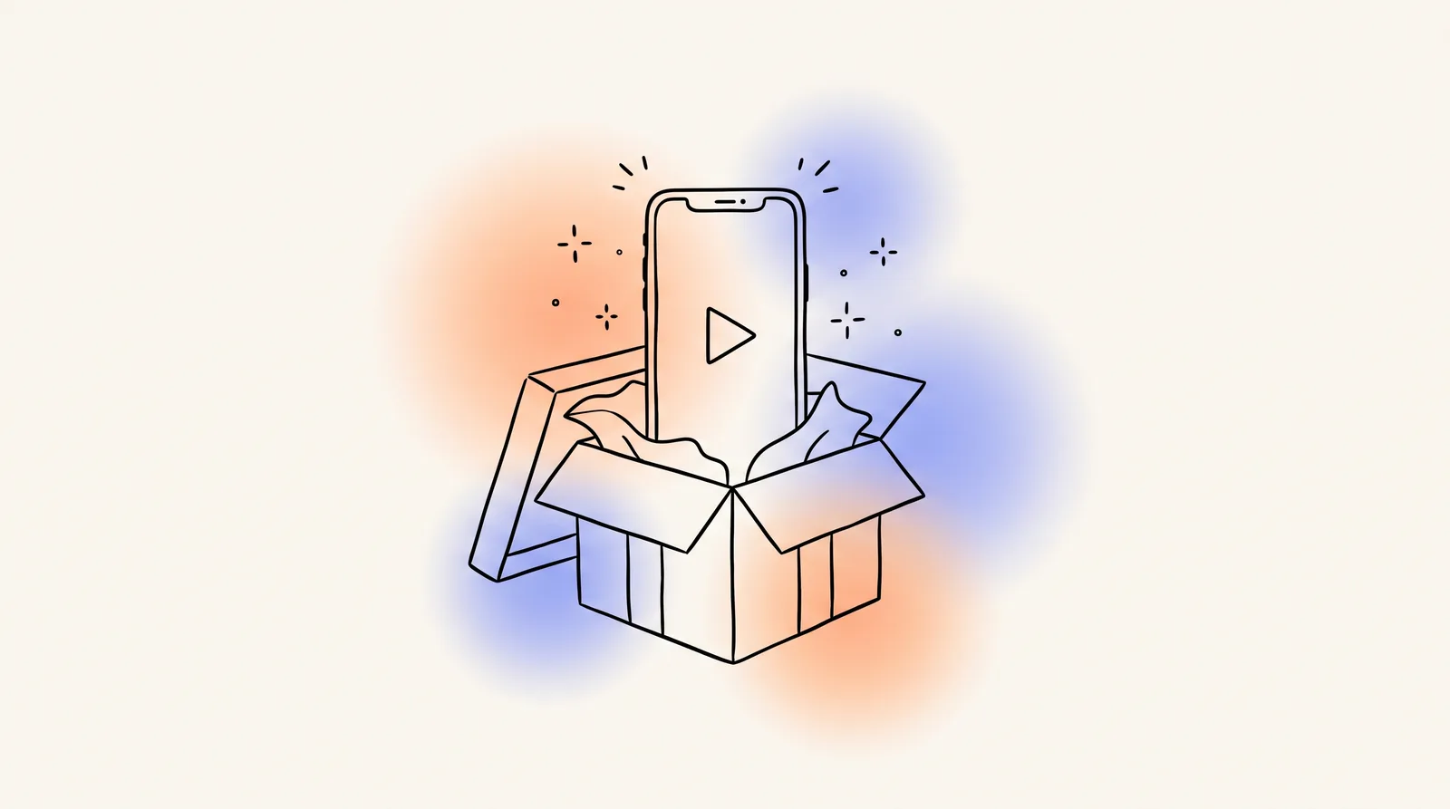 Line drawing of a smartphone with a play button rising out of an open gift box.