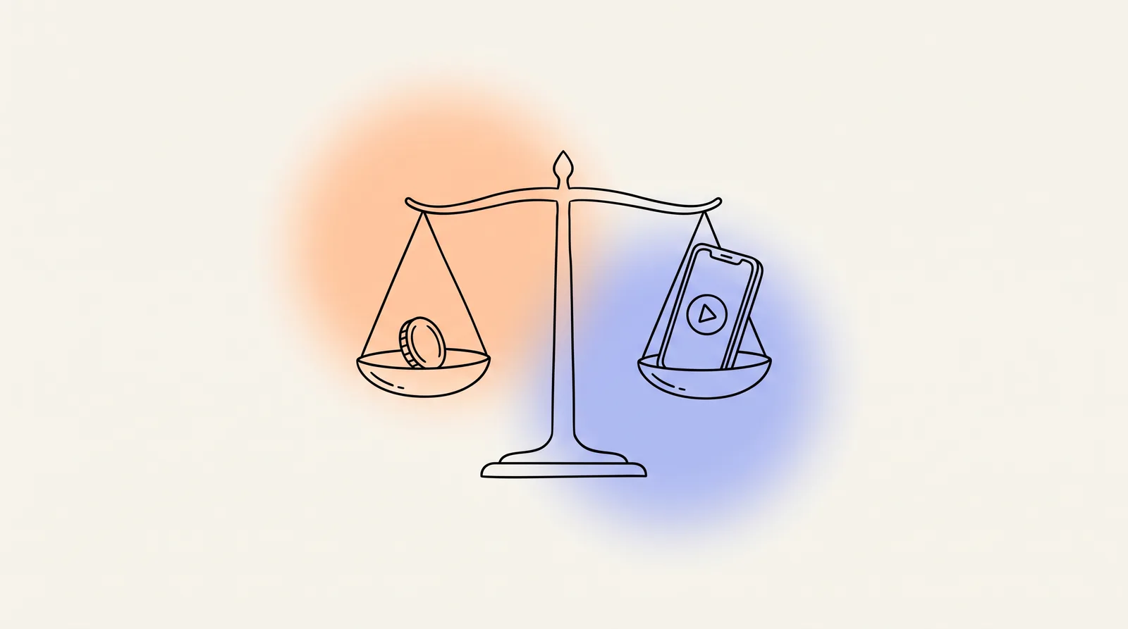 Line drawing of a balance scale with one coin on one side and a phone playing a video on the other.