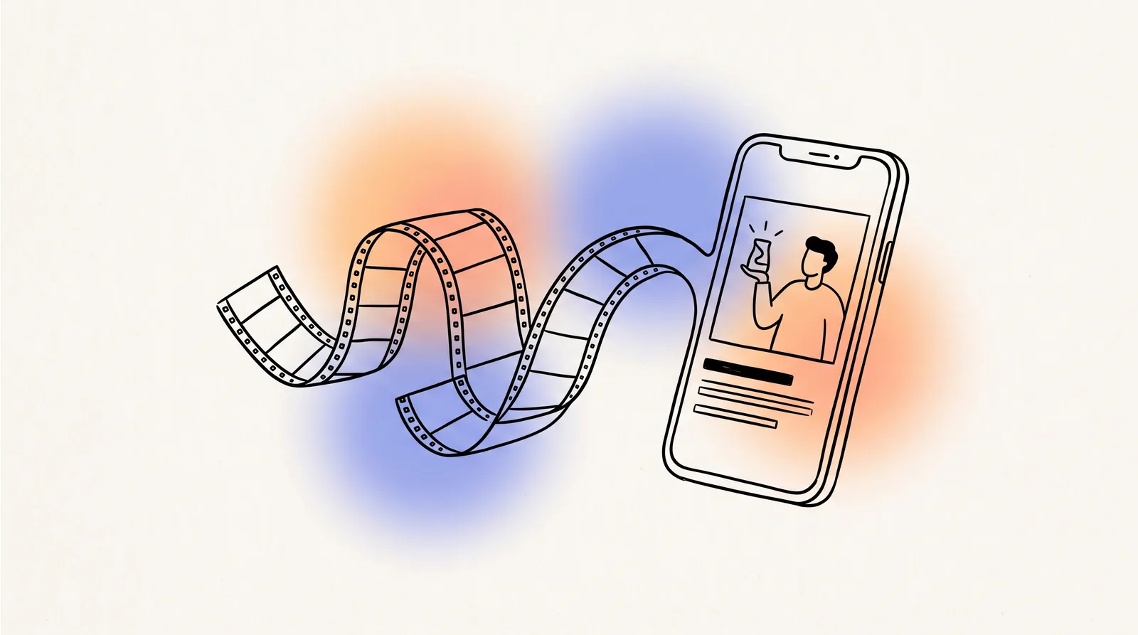 Line drawing of a film strip flowing into a finished phone ad with captions.
