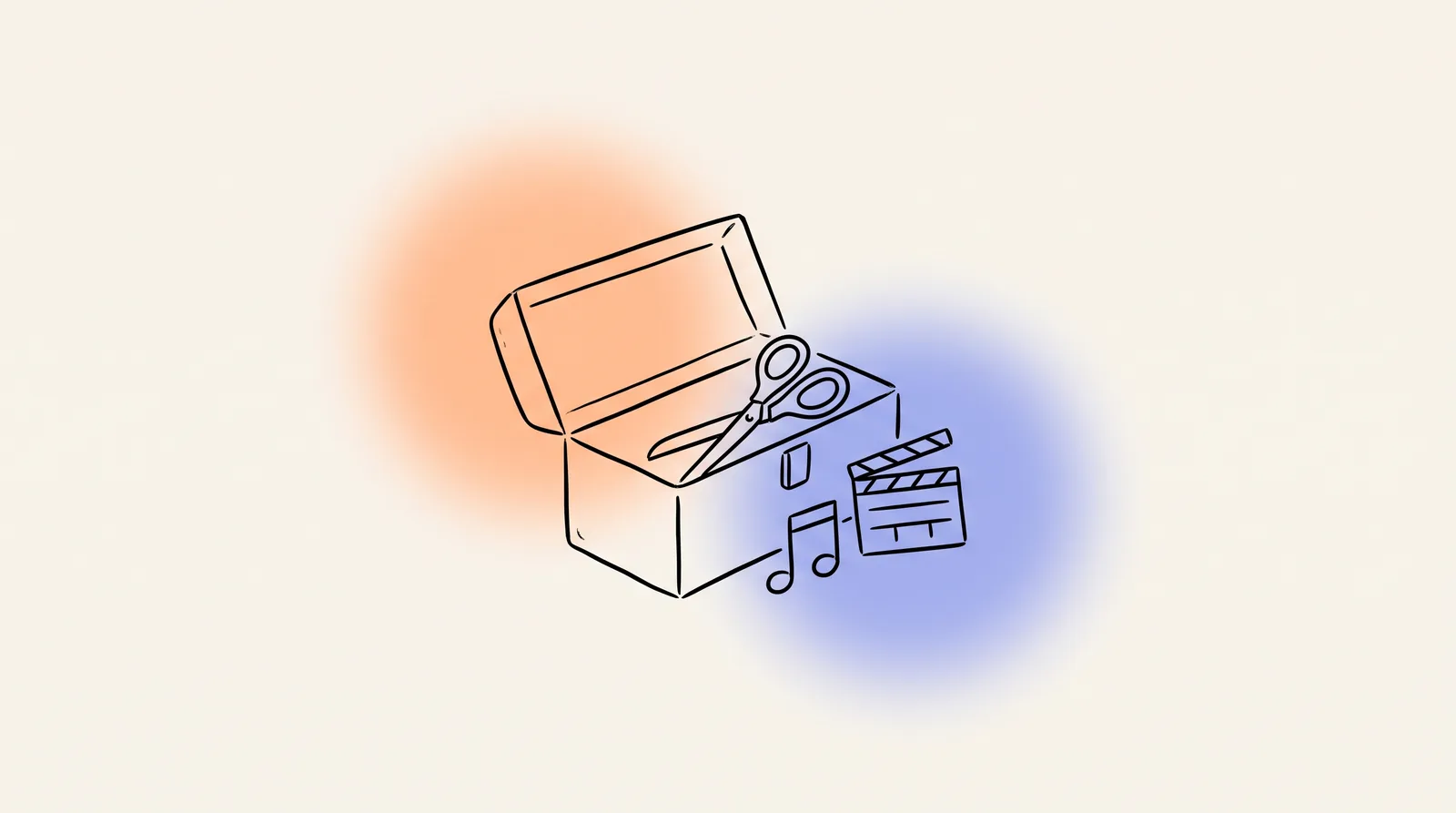 Line drawing of an open toolbox with scissors, a music note and a clapperboard.