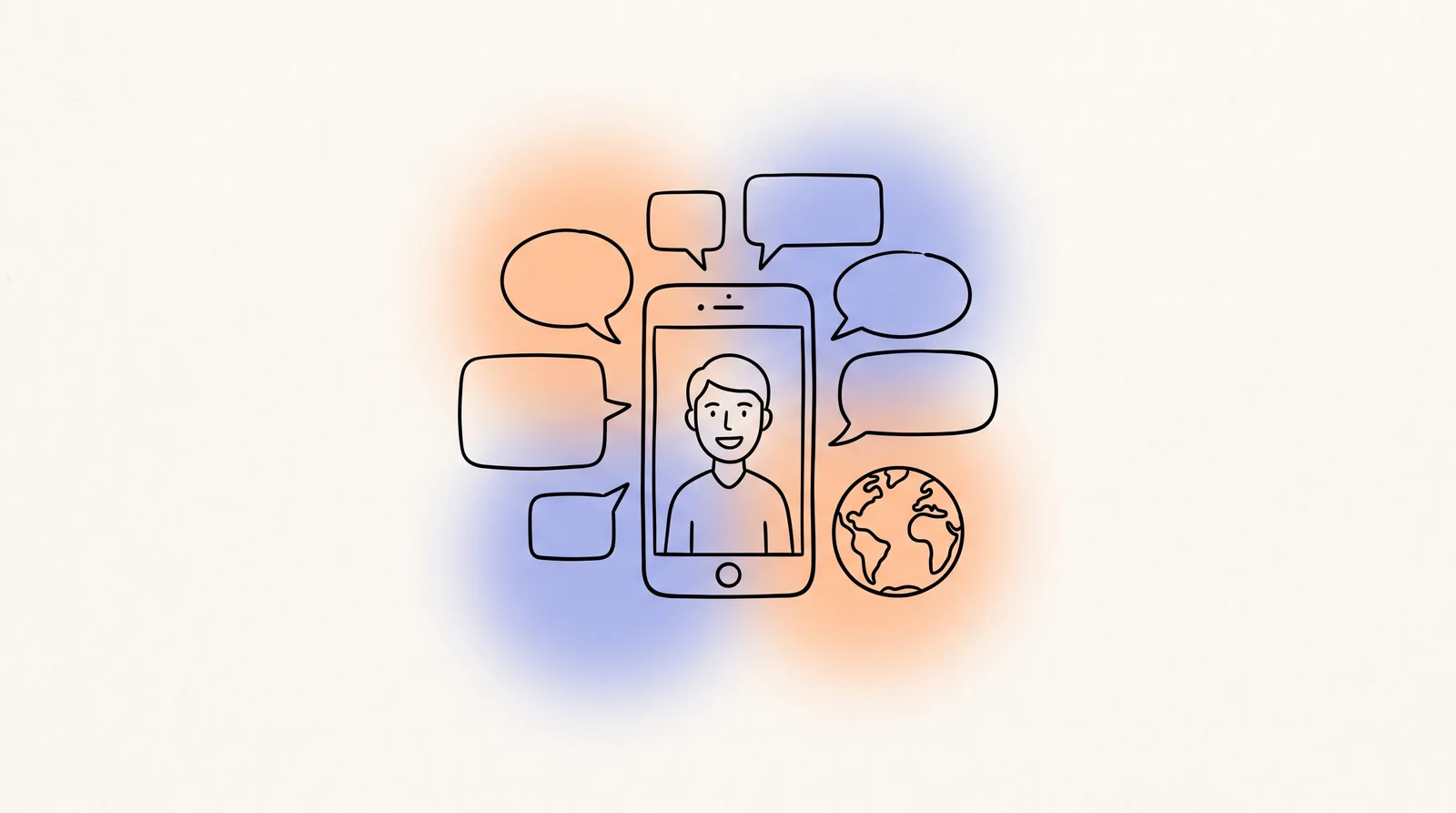Line drawing of a phone showing a smiling presenter, surrounded by speech bubbles, with a small globe.