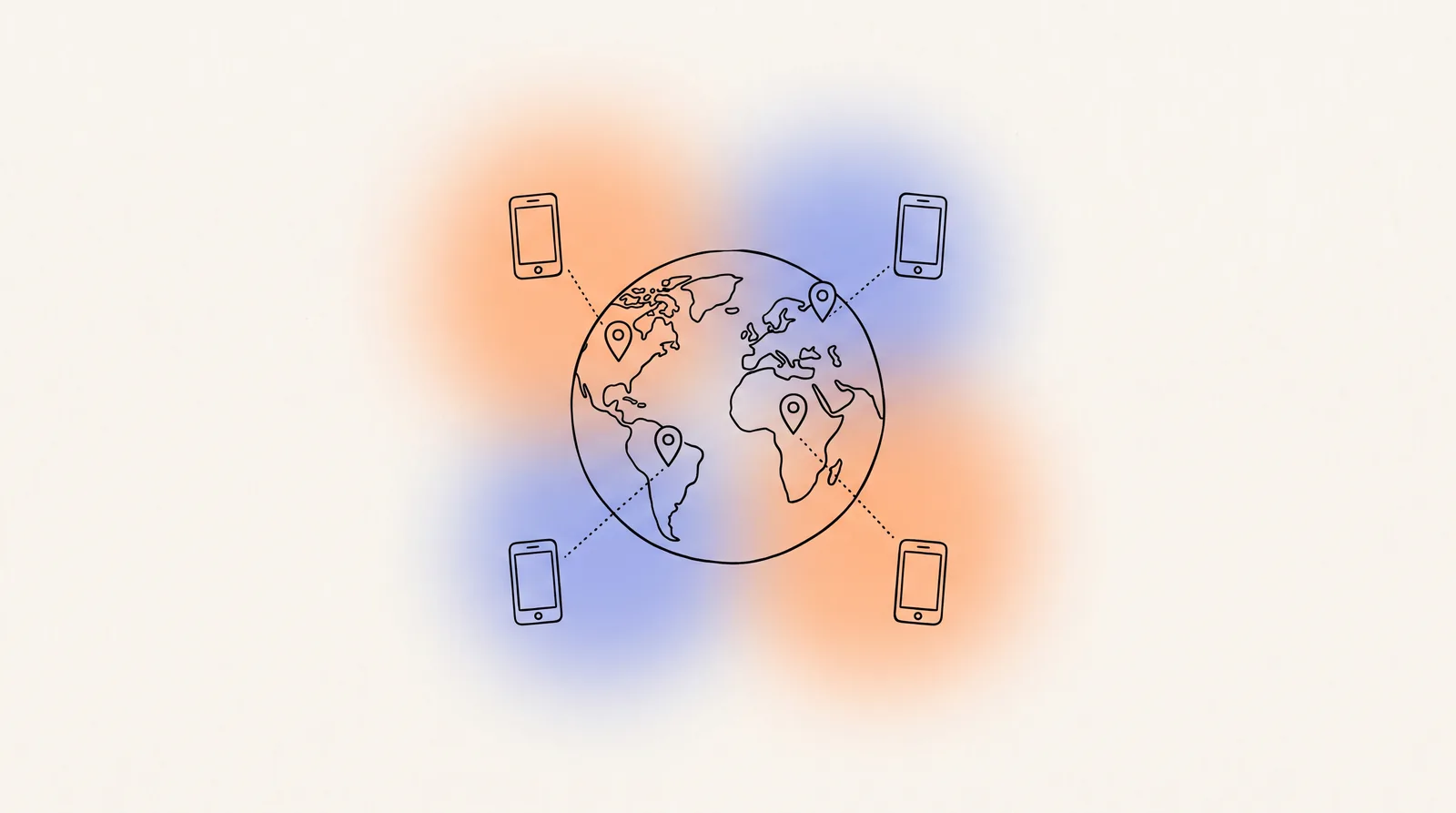 Line drawing of a globe with map pins, each connected to a phone.