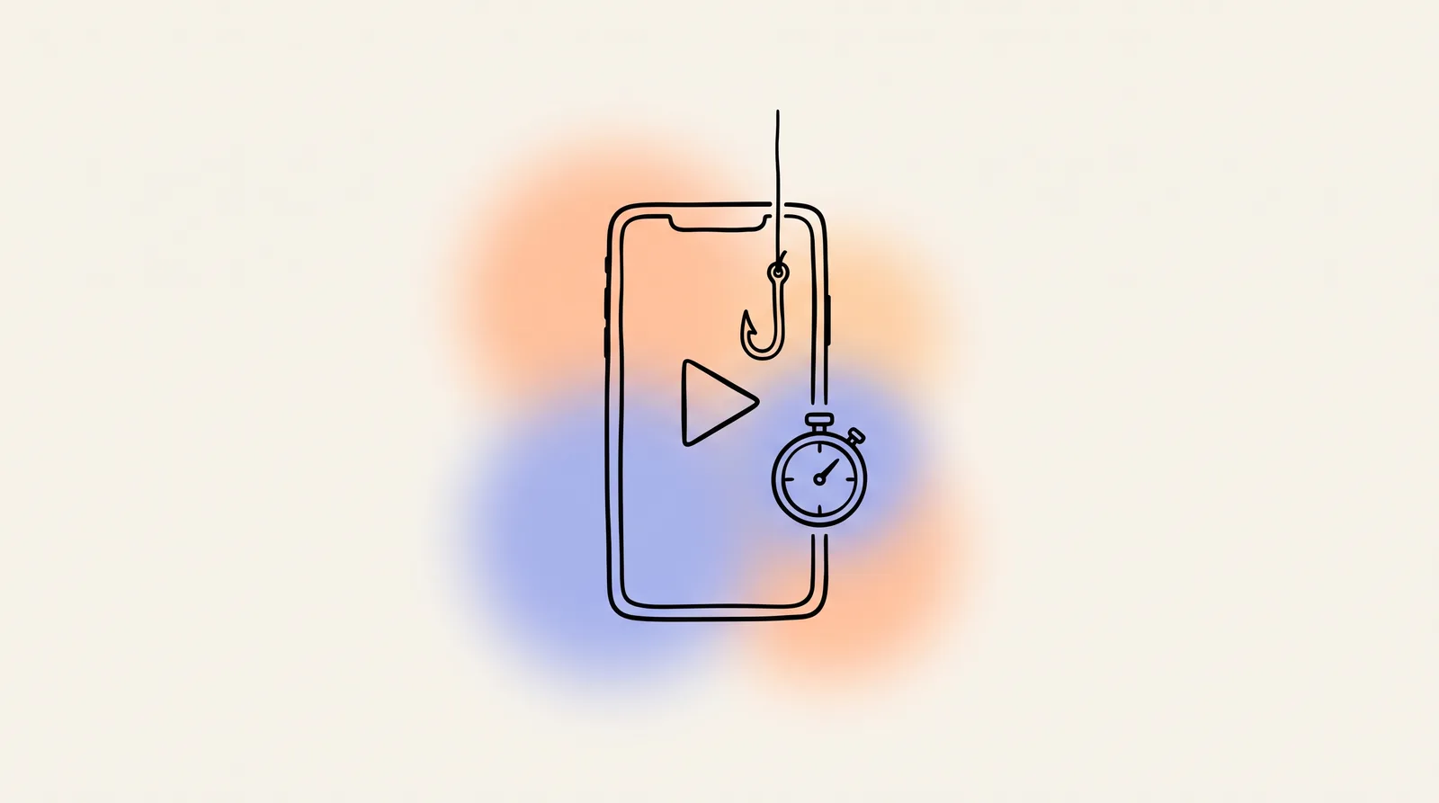 Line drawing of a vertical phone with a play button, a stopwatch and a fishing hook.
