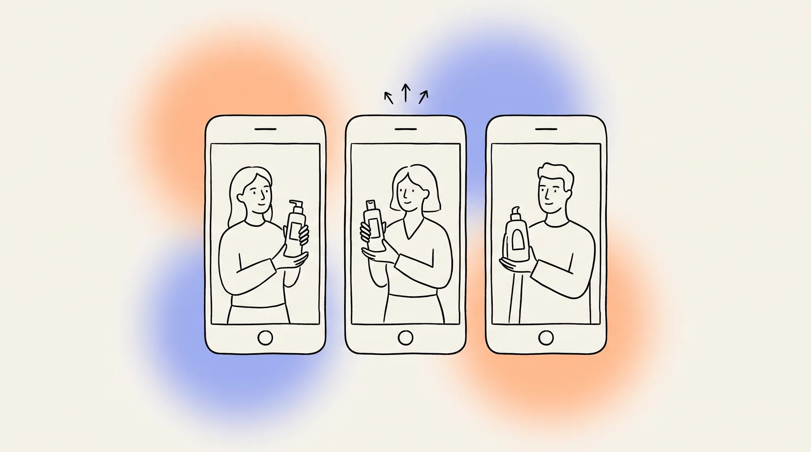 Three vertical phones side by side, each showing a different person holding the same product bottle.